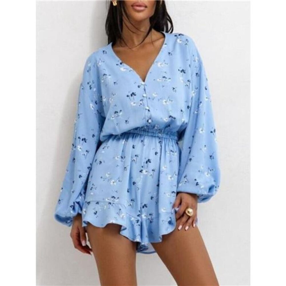 Floral V-Neck Long Sleeve Romper with Elastic Waist